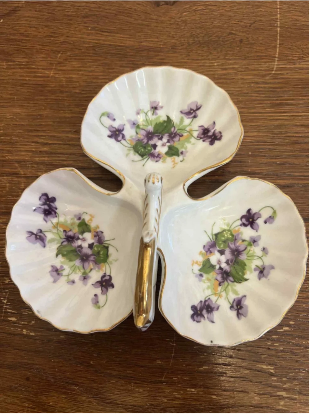 Norcrest Fine China Sweet Violet 3 Section Clover Dish Handle Vintage Japan